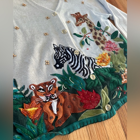 Vintage Jungle Animal Cardigan Embroidered Sequin Beaded - Picture 3 of 8